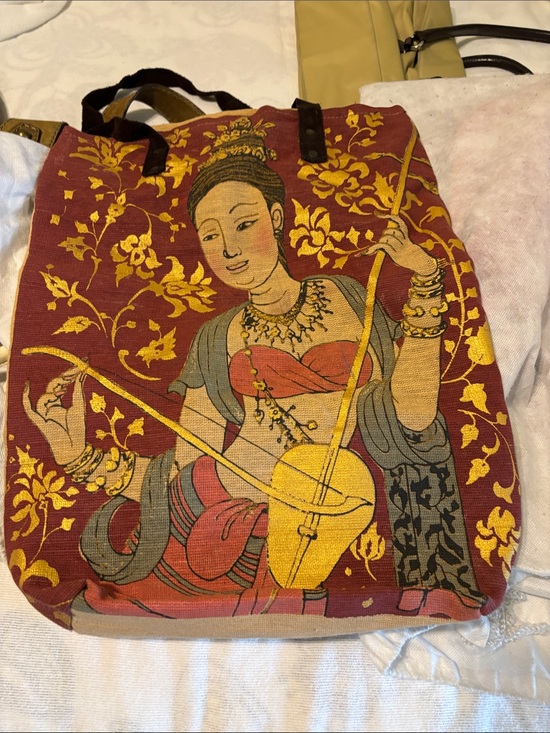 Handbags - Bohemian Red & Gold Printed Canvas Tote Bag 18”x14”